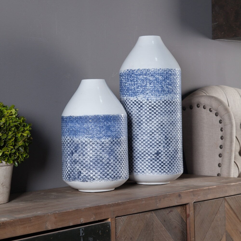 2 Piece Blue and White Metal Flower Vase