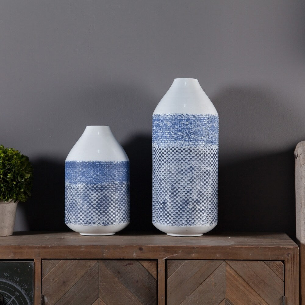2 Piece Blue and White Metal Flower Vase