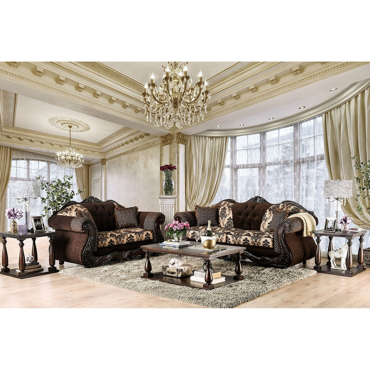 2 Piece Chenille and Wood Sofa Set