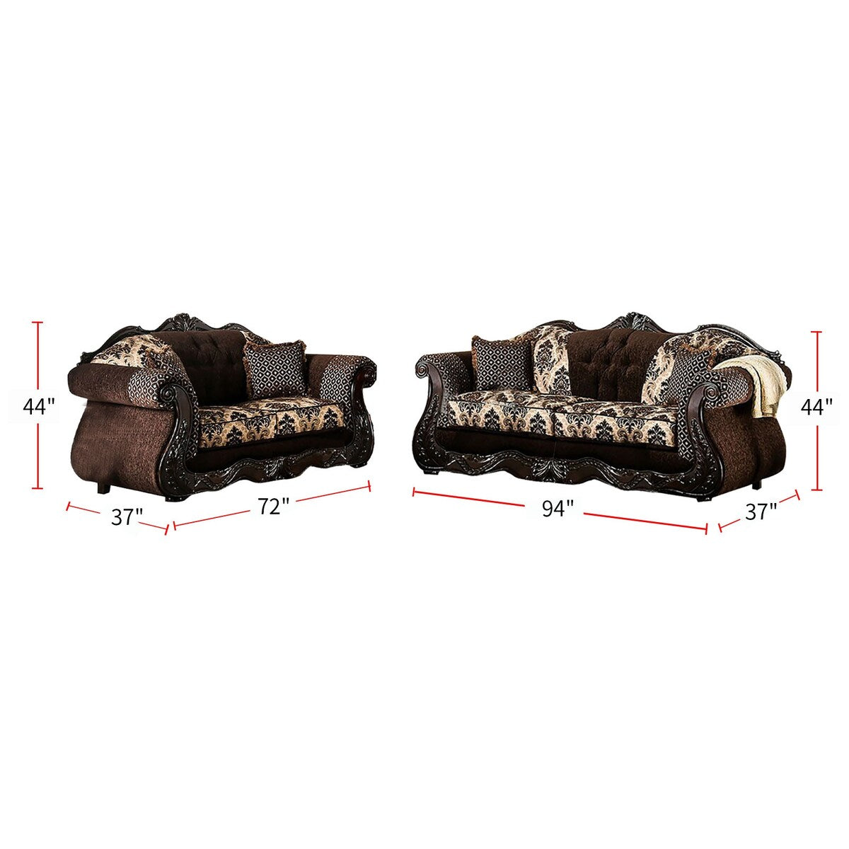 2 Piece Chenille and Wood Sofa Set