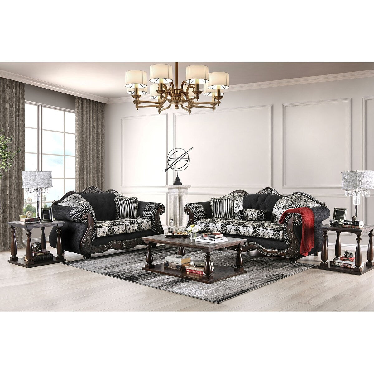 2 Piece Chenille and Wood Sofa Set