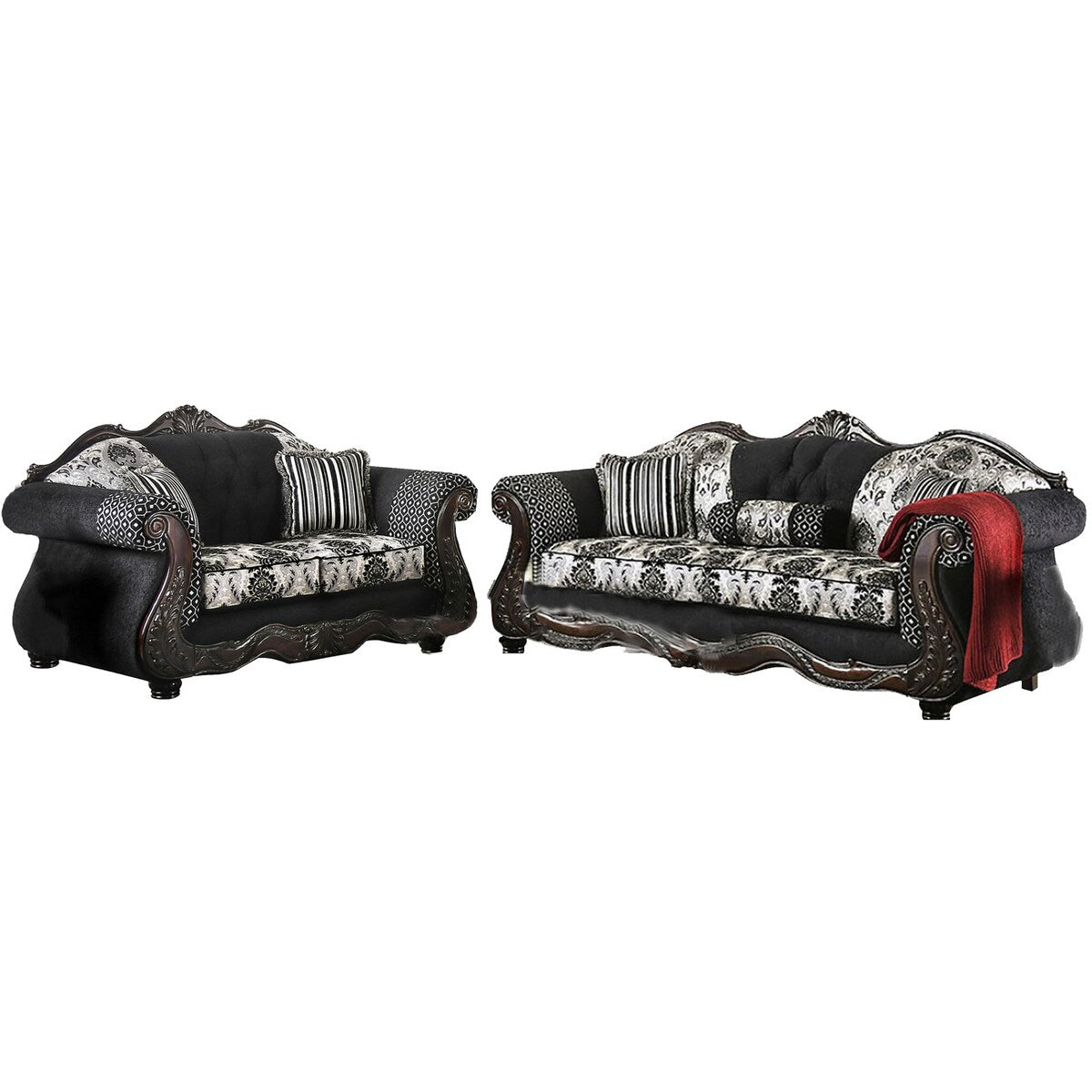 2 Piece Chenille and Wood Sofa Set