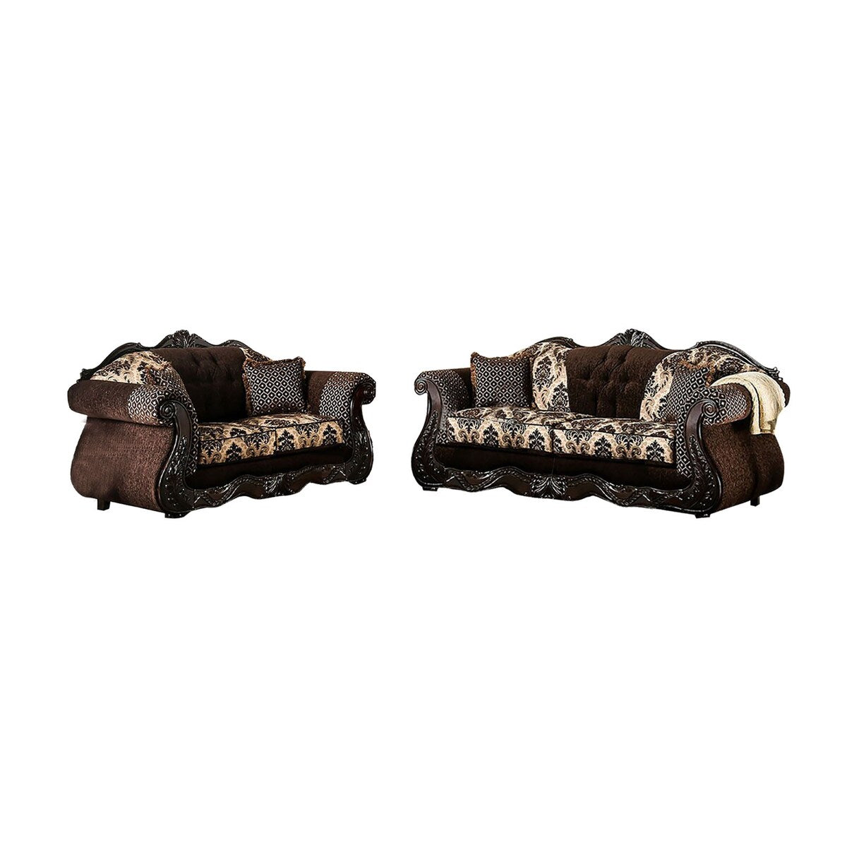2 Piece Chenille and Wood Sofa Set