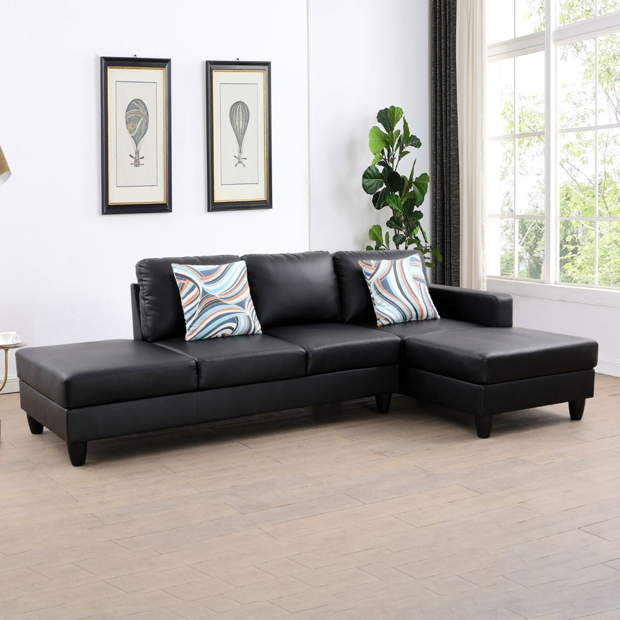 2-Piece Couch Living Room Sofa Set Black Faux Leather Chaise