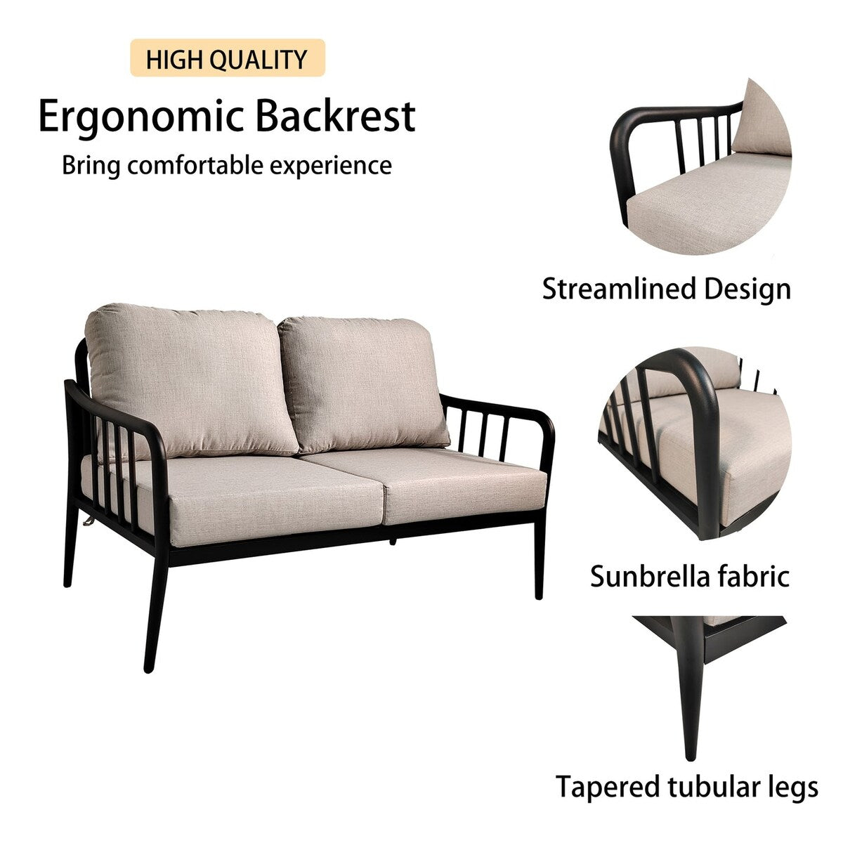 2-Piece Ember Black Aluminum Patio Conversation Set with Gray Cushions and Stone Coffee Table