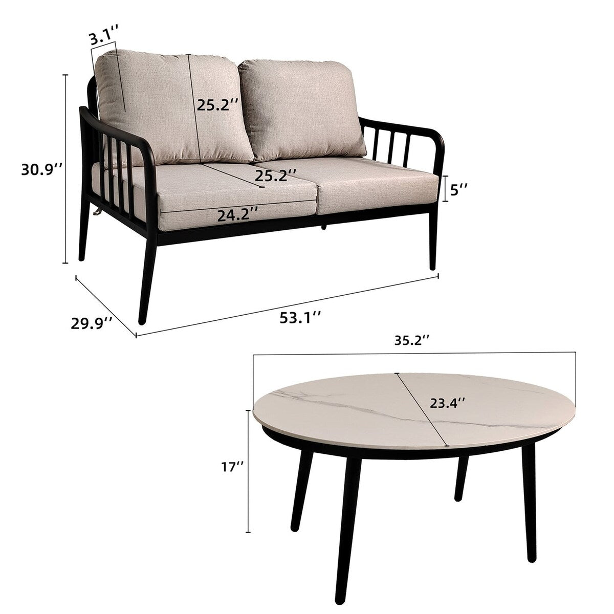 2-Piece Ember Black Aluminum Patio Conversation Set with Gray Cushions and Stone Coffee Table