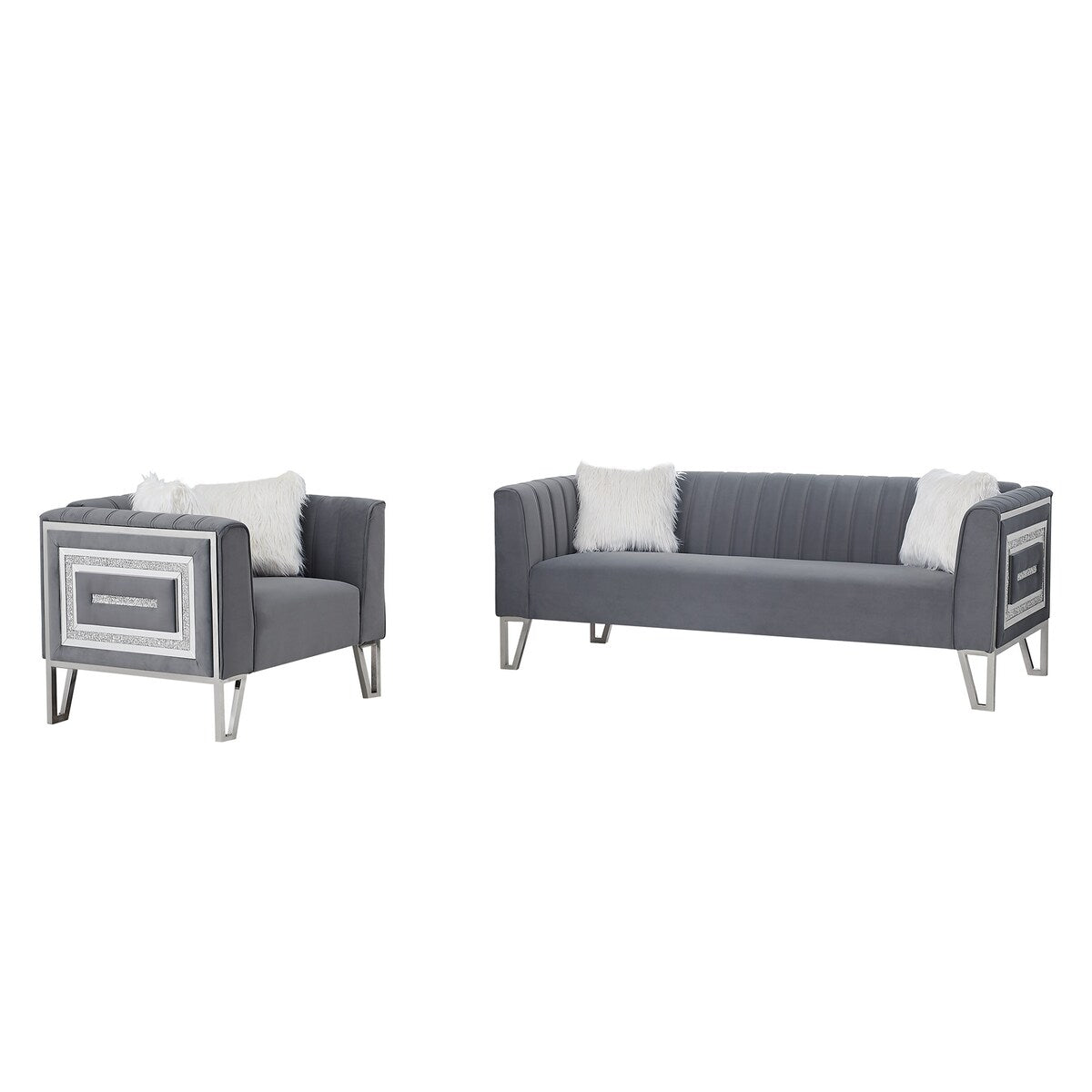 2 Piece Living Room Sofa Set, Including 3-seater Sofa and Sofa Chair with Mirrored Side Trim & Four Pillow