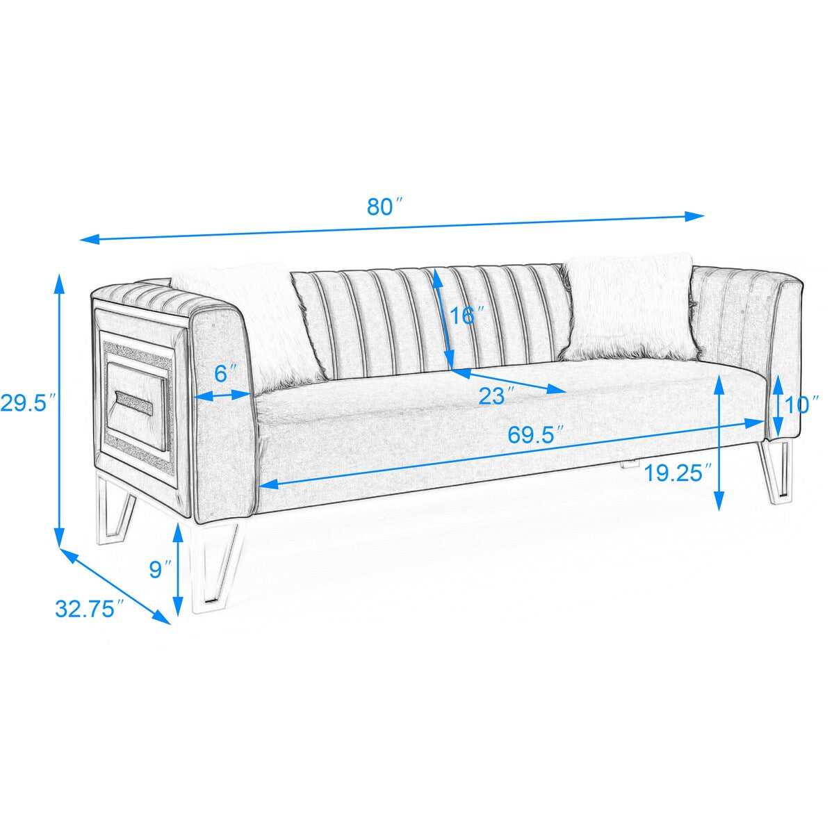 2 Piece Living Room Sofa Set, Including 3-seater Sofa and Sofa Chair with Mirrored Side Trim & Four Pillow