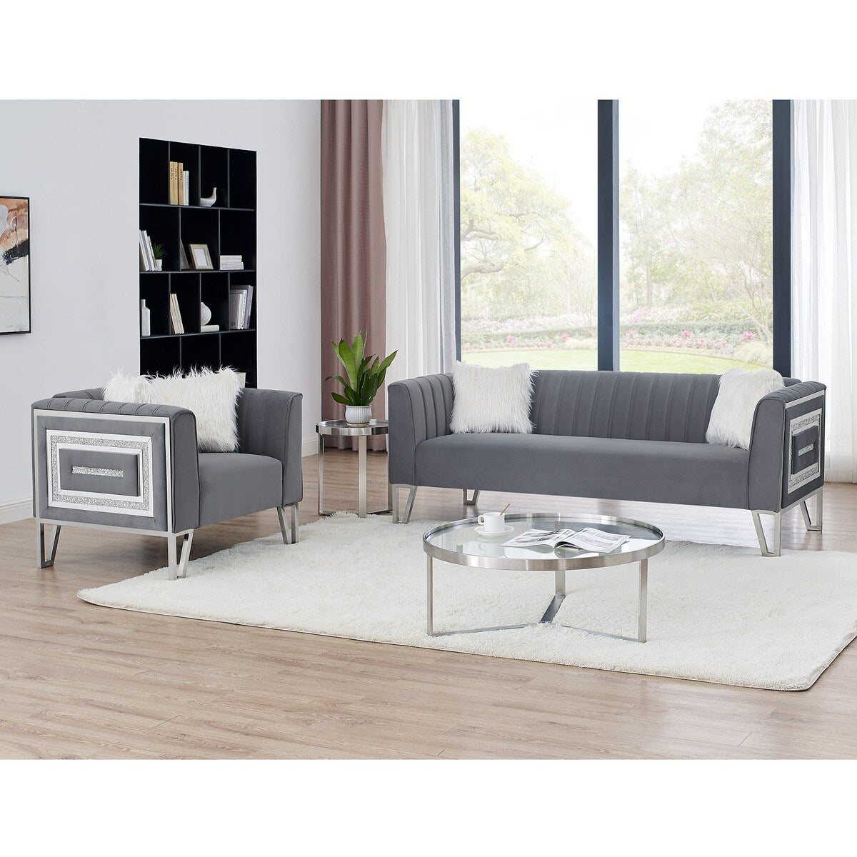 2 Piece Living Room Sofa Set, Including 3-seater Sofa and Sofa Chair with Mirrored Side Trim & Four Pillow