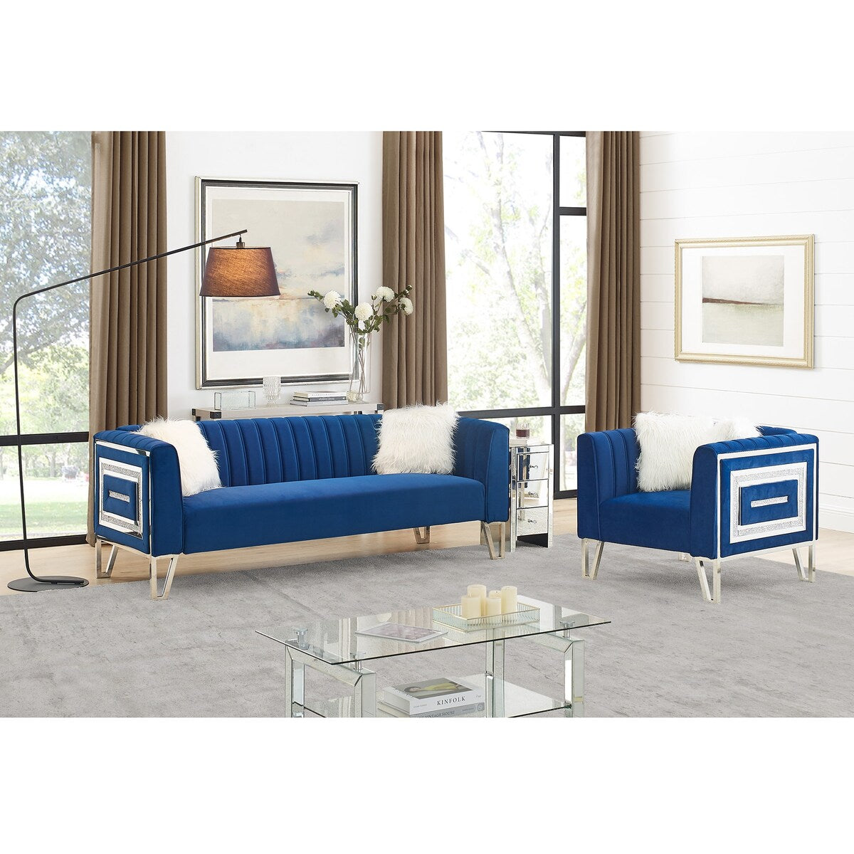 2 Piece Living Room Sofa Set, Including 3-seater Sofa and Sofa Chair with Mirrored Side Trim & Four Pillow