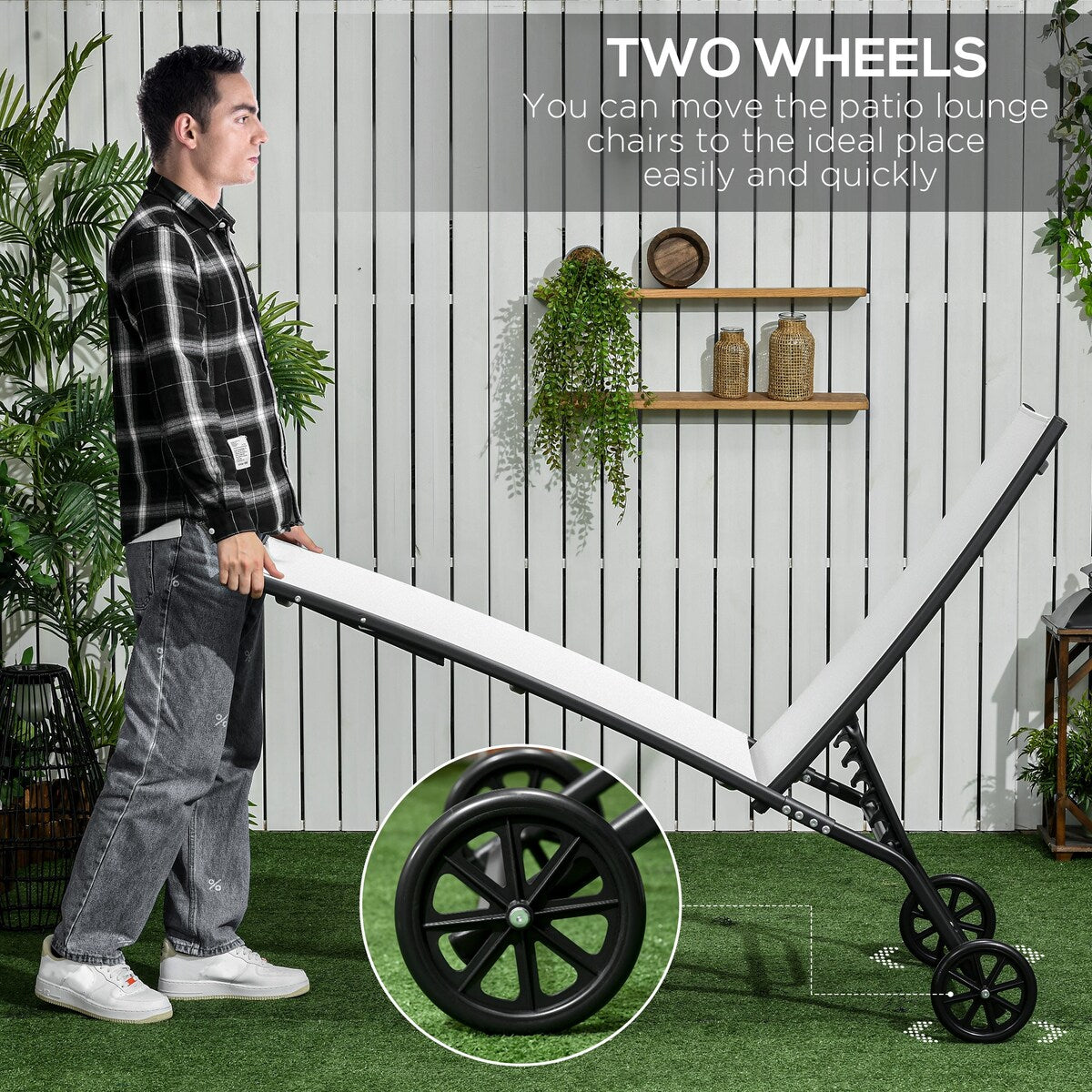 2 Piece Outdoor Lounge Chair with Wheels, 5 Adjustable Positions