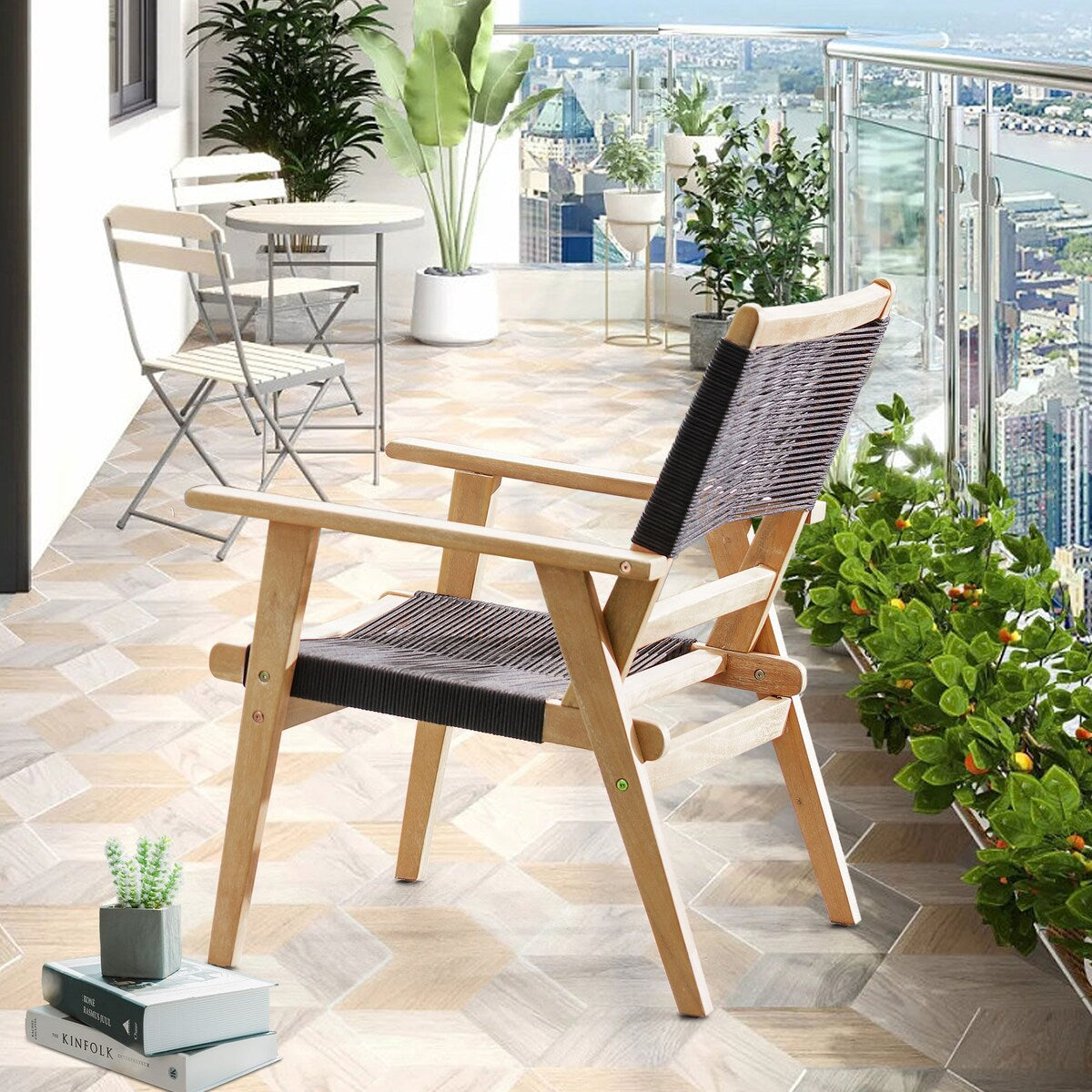 2-Piece Outdoor Natural Wood and Black Rope Lawn Chair