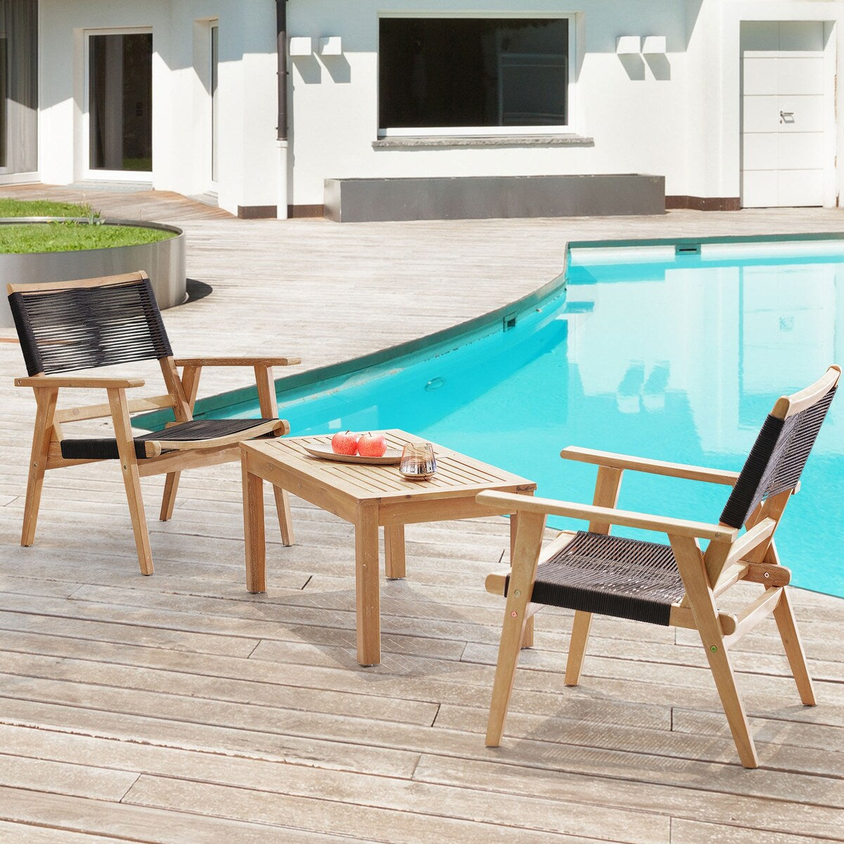 2-Piece Outdoor Natural Wood and Black Rope Lawn Chair