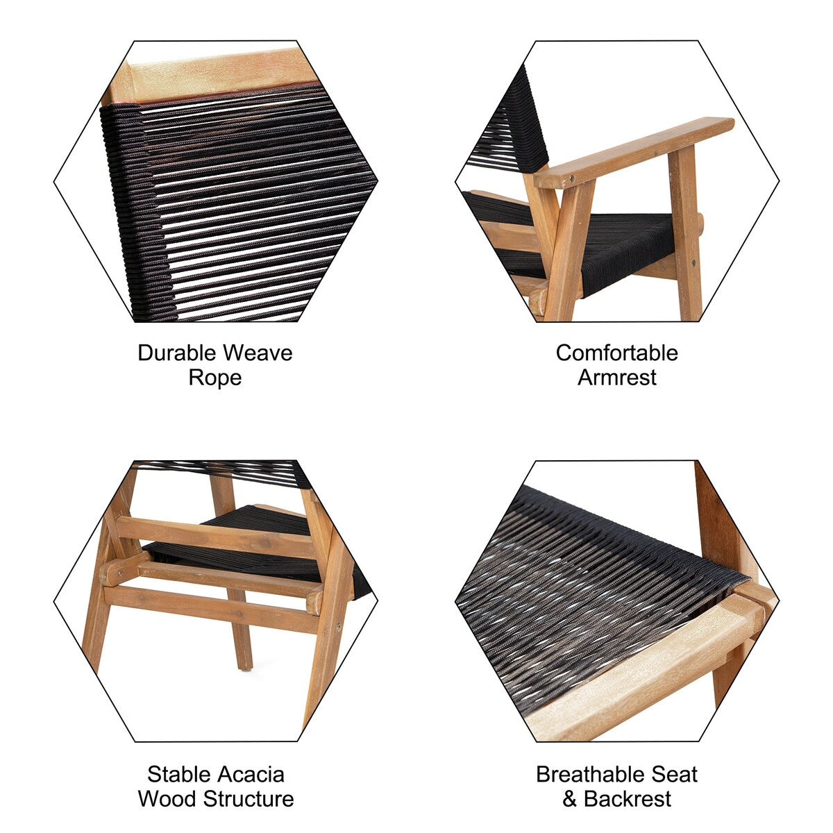 2-Piece Outdoor Natural Wood and Black Rope Lawn Chair