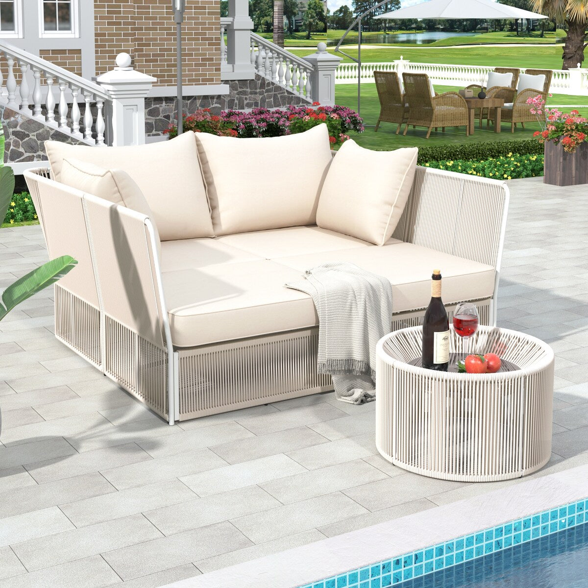 2-Piece Outdoor Sunbed and Coffee Table Set, Patio Loveseat Daybed Poolside Sofa Bed for 2 Persons w/ Side Table, Beige+Natural