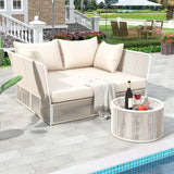 2-Piece Outdoor Sunbed and Coffee Table Set, Patio Loveseat Daybed Poolside Sofa Bed for 2 Persons w/ Side Table, Beige+Natural