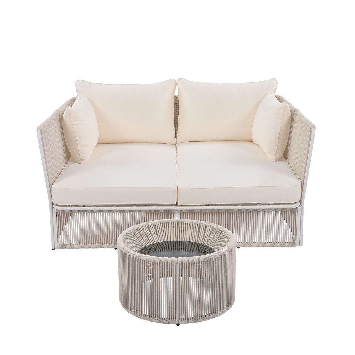 2-Piece Outdoor Sunbed and Coffee Table Set, Patio Loveseat Daybed Poolside Sofa Bed for 2 Persons w/ Side Table, Beige+Natural