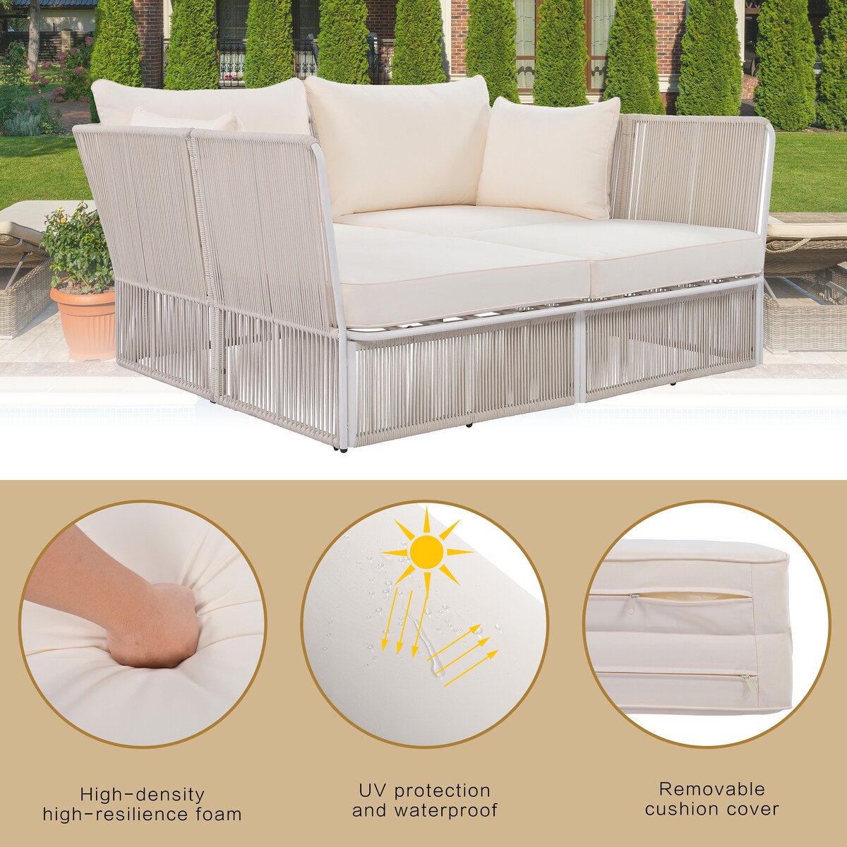 2-Piece Outdoor Sunbed and Coffee Table Set, Patio Loveseat Daybed Poolside Sofa Bed for 2 Persons w/ Side Table, Beige+Natural