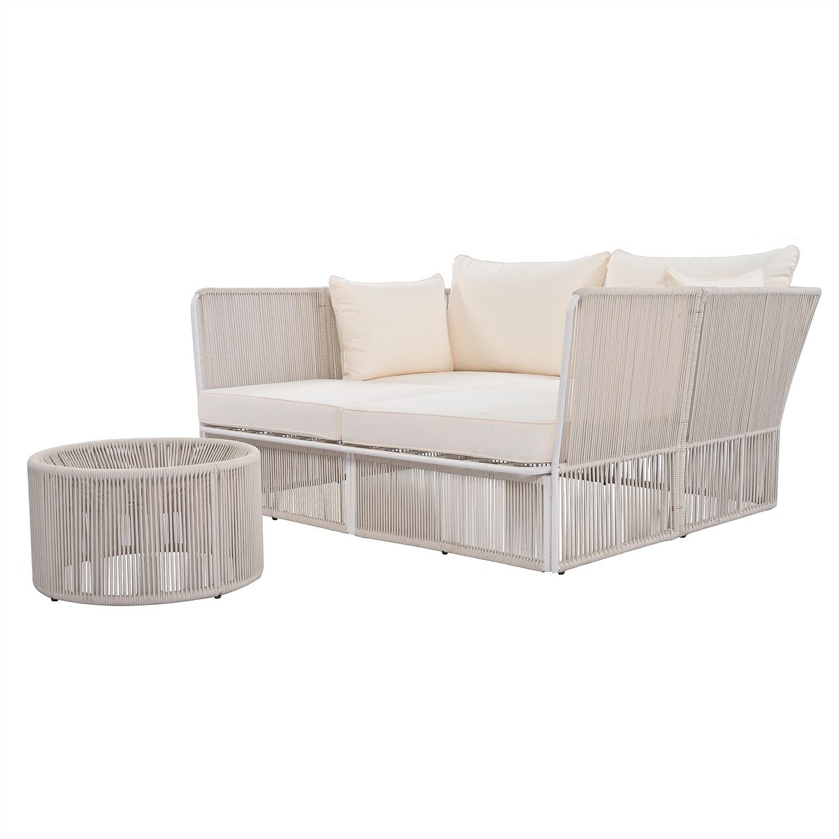 2-Piece Outdoor Sunbed and Coffee Table Set, Patio Loveseat Daybed Poolside Sofa Bed for 2 Persons w/ Side Table, Beige+Natural