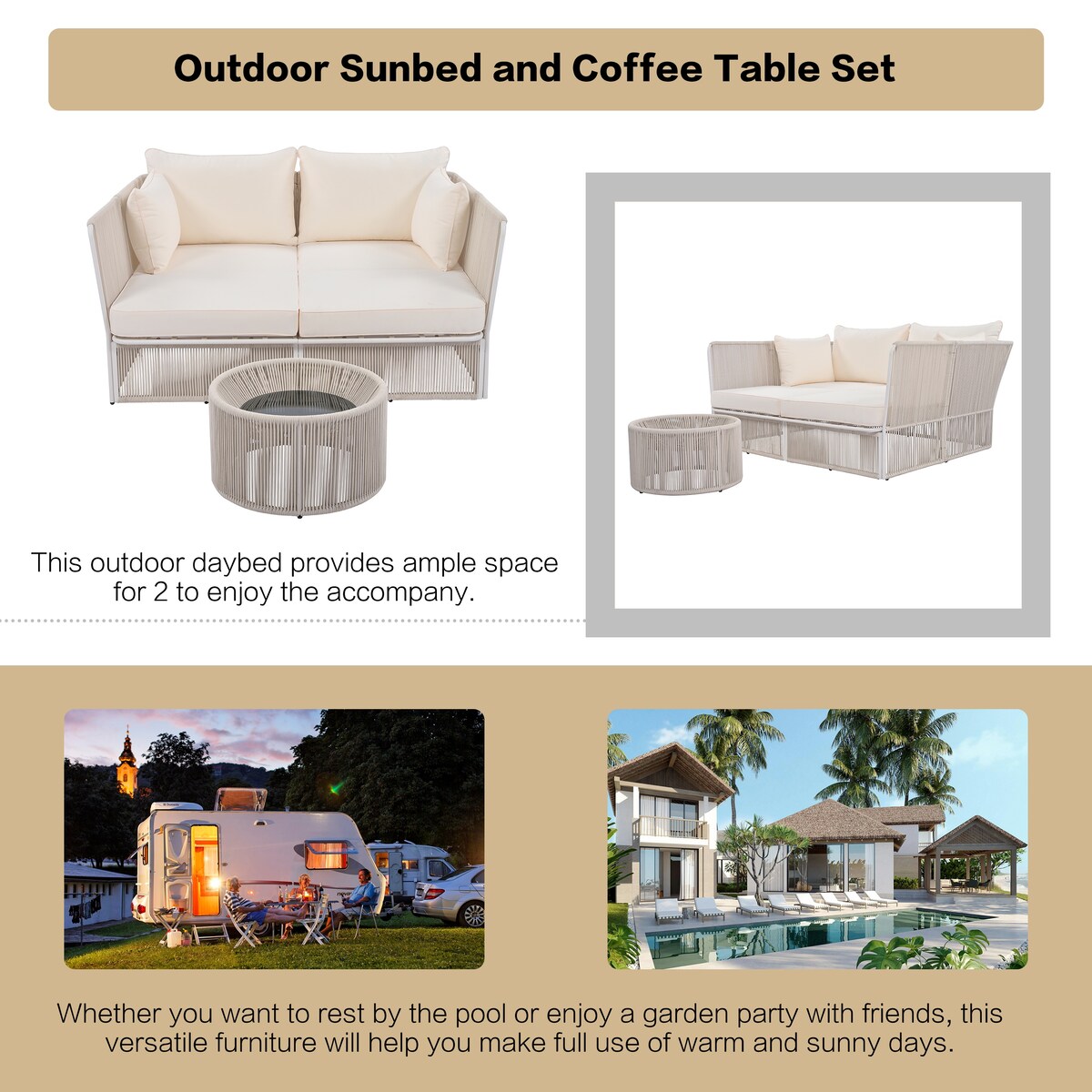 2-Piece Outdoor Sunbed and Coffee Table Set, Patio Loveseat Daybed Poolside Sofa Bed for 2 Persons w/ Side Table, Beige+Natural