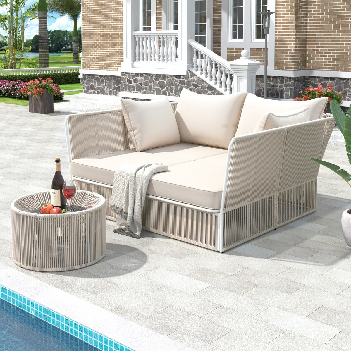 2-Piece Outdoor Sunbed and Coffee Table Set, Patio Loveseat Daybed Poolside Sofa Bed for 2 Persons w/ Side Table, Beige+Natural