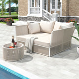 2-Piece Outdoor Sunbed and Coffee Table Set, Patio Loveseat Daybed Poolside Sofa Bed for 2 Persons w/ Side Table, Beige+Natural