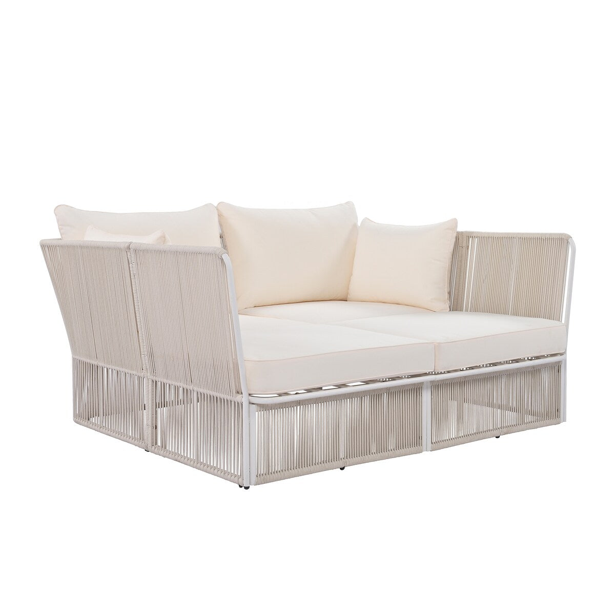 2-Piece Outdoor Sunbed and Coffee Table Set, Patio Loveseat Daybed Poolside Sofa Bed for 2 Persons w/ Side Table, Beige+Natural