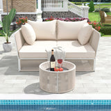 2-Piece Outdoor Sunbed and Coffee Table Set, Patio Loveseat Daybed Poolside Sofa Bed for 2 Persons w/ Side Table, Beige+Natural