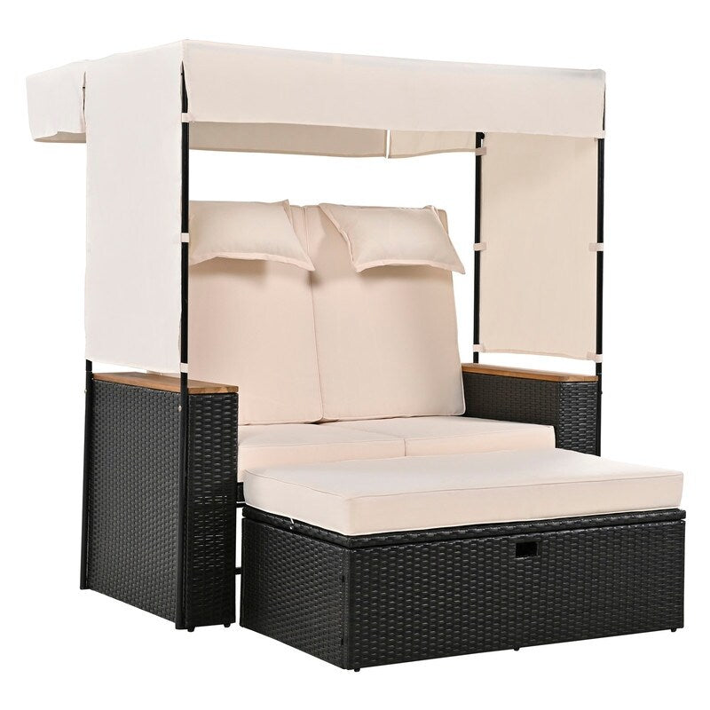 2-Piece Rattan Patio Daybed Loveseat Set, Outdoor Bench Lounge Roof Set with UV Protection Fabric and Adjustable Backrest, Beige