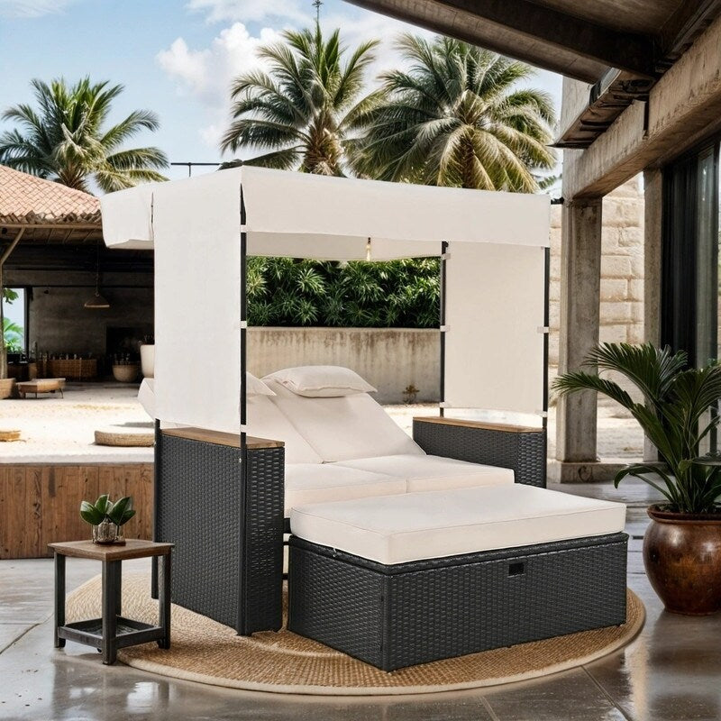 2-Piece Rattan Patio Daybed Loveseat Set, Outdoor Bench Lounge Roof Set with UV Protection Fabric and Adjustable Backrest, Beige
