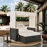 2-Piece Rattan Patio Daybed Loveseat Set, Outdoor Bench Lounge Roof Set with UV Protection Fabric and Adjustable Backrest, Beige