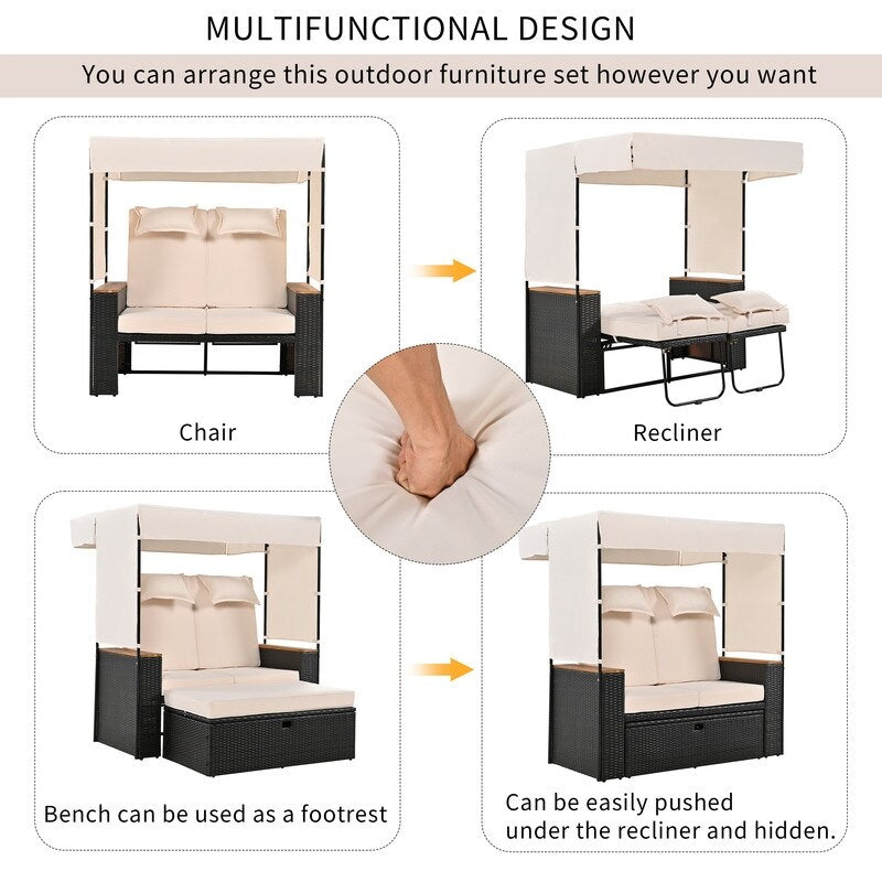 2-Piece Rattan Patio Daybed Loveseat Set, Outdoor Bench Lounge Roof Set with UV Protection Fabric and Adjustable Backrest, Beige