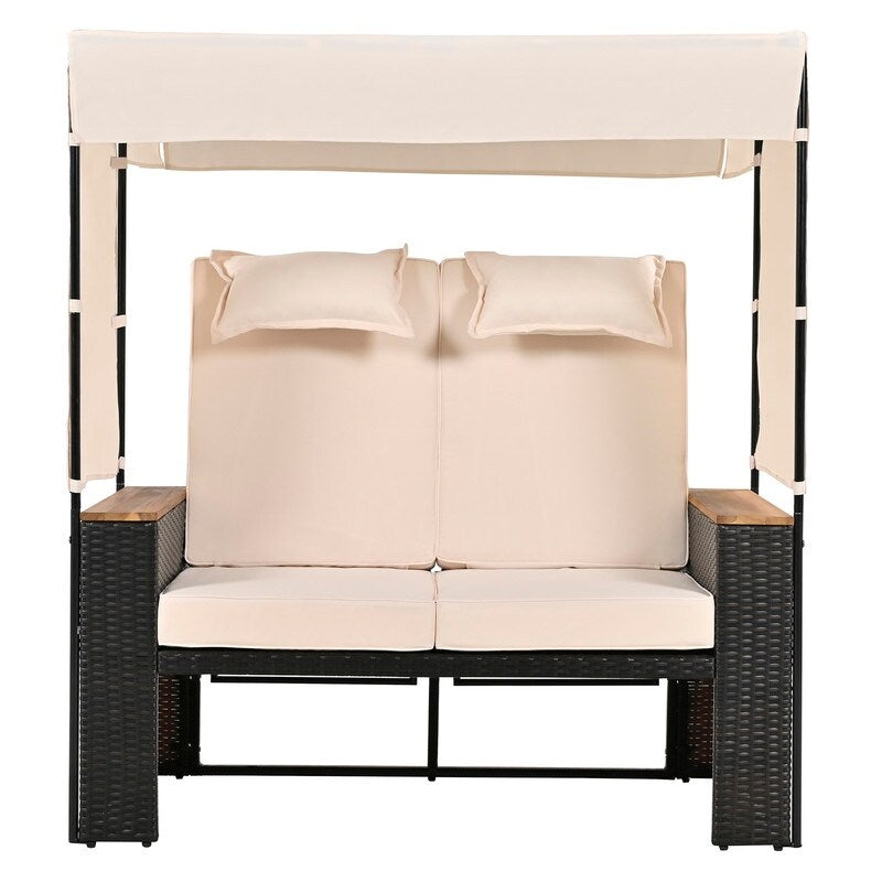 2-Piece Rattan Patio Daybed Loveseat Set, Outdoor Bench Lounge Roof Set with UV Protection Fabric and Adjustable Backrest, Beige