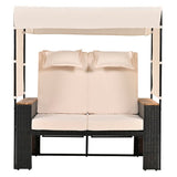 2-Piece Rattan Patio Daybed Loveseat Set, Outdoor Bench Lounge Roof Set with UV Protection Fabric and Adjustable Backrest, Beige