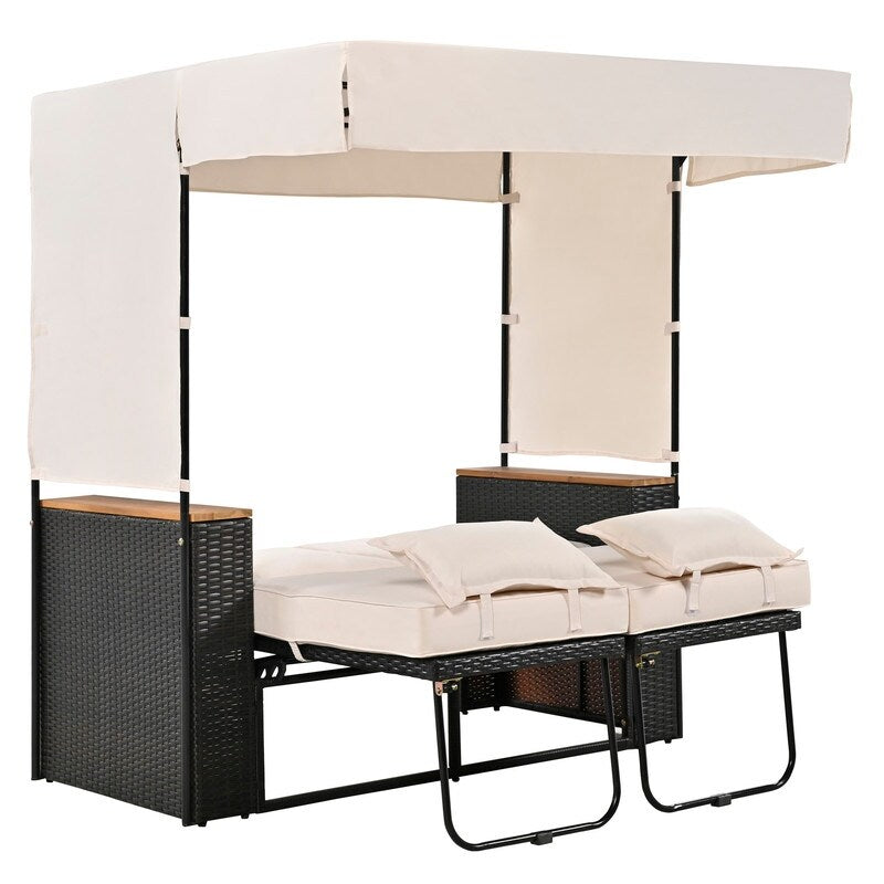 2-Piece Rattan Patio Daybed Loveseat Set, Outdoor Bench Lounge Roof Set with UV Protection Fabric and Adjustable Backrest, Beige