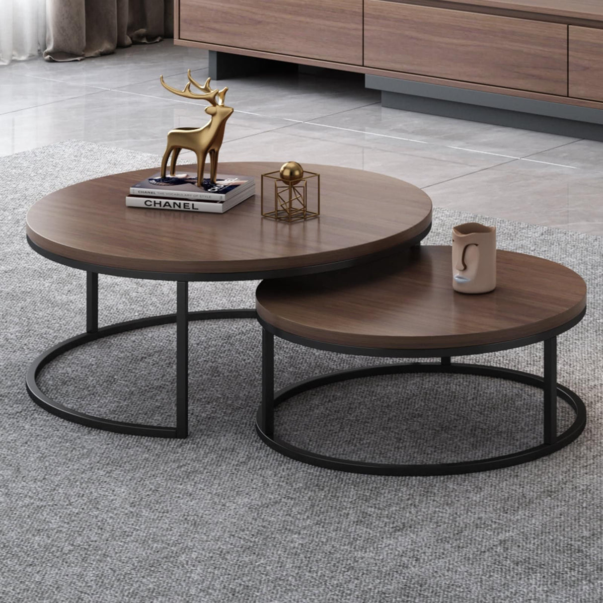 2-piece Round Nesting Tables Modern Wood Gray & Black Round Nesting Coffee Table for Living Room