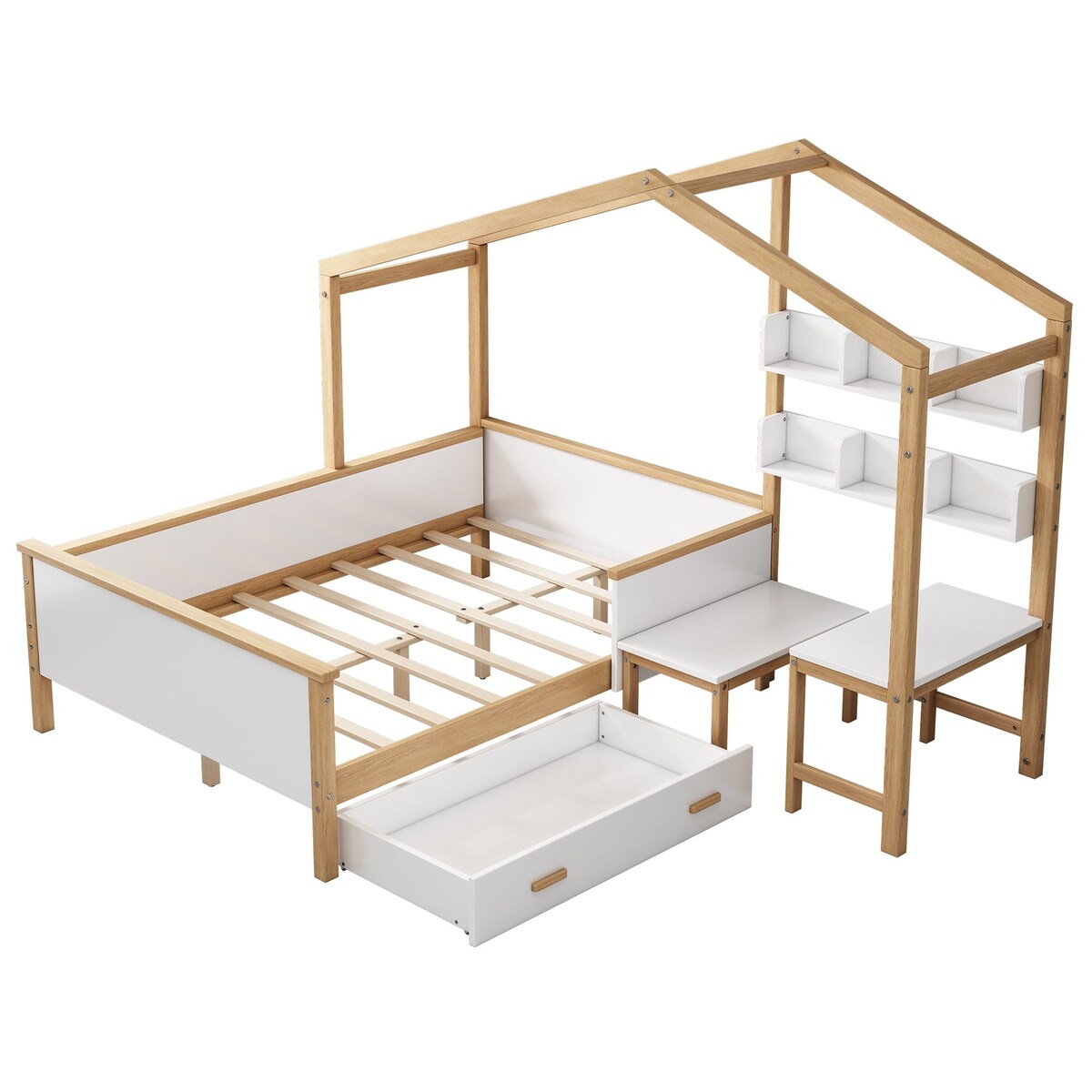 2 Pieces Wood Frame Bedroom Sets with House Bed and Desk and 6-Drawer Chest