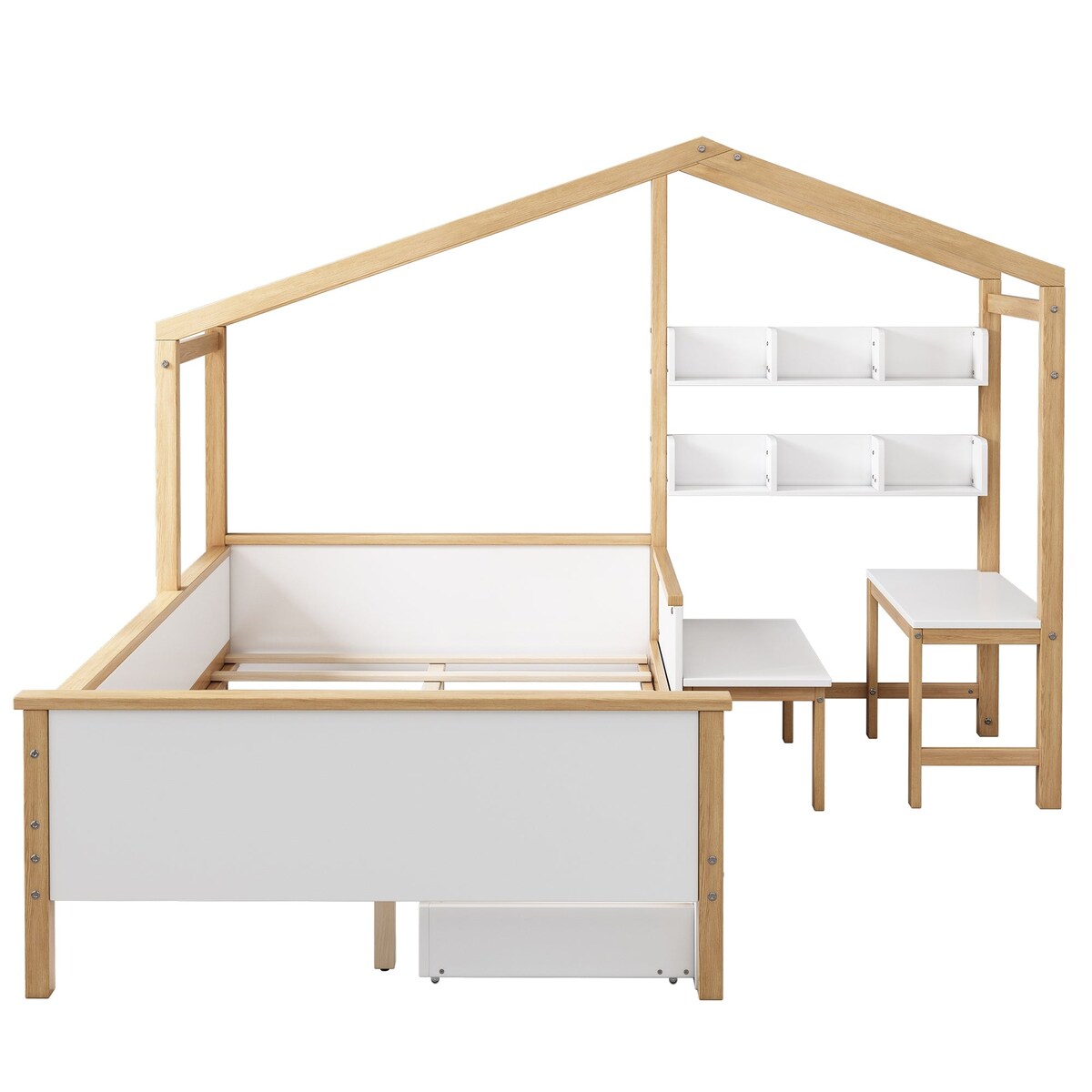 2 Pieces Wood Frame Bedroom Sets with House Bed and Desk and 6-Drawer Chest