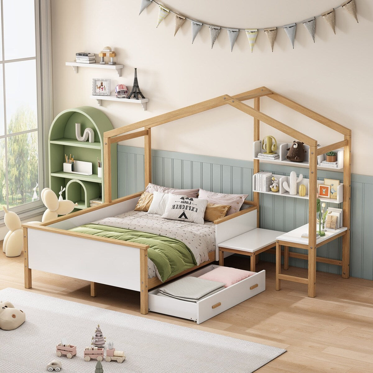 2 Pieces Wood Frame Bedroom Sets with House Bed and Desk and 6-Drawer Chest
