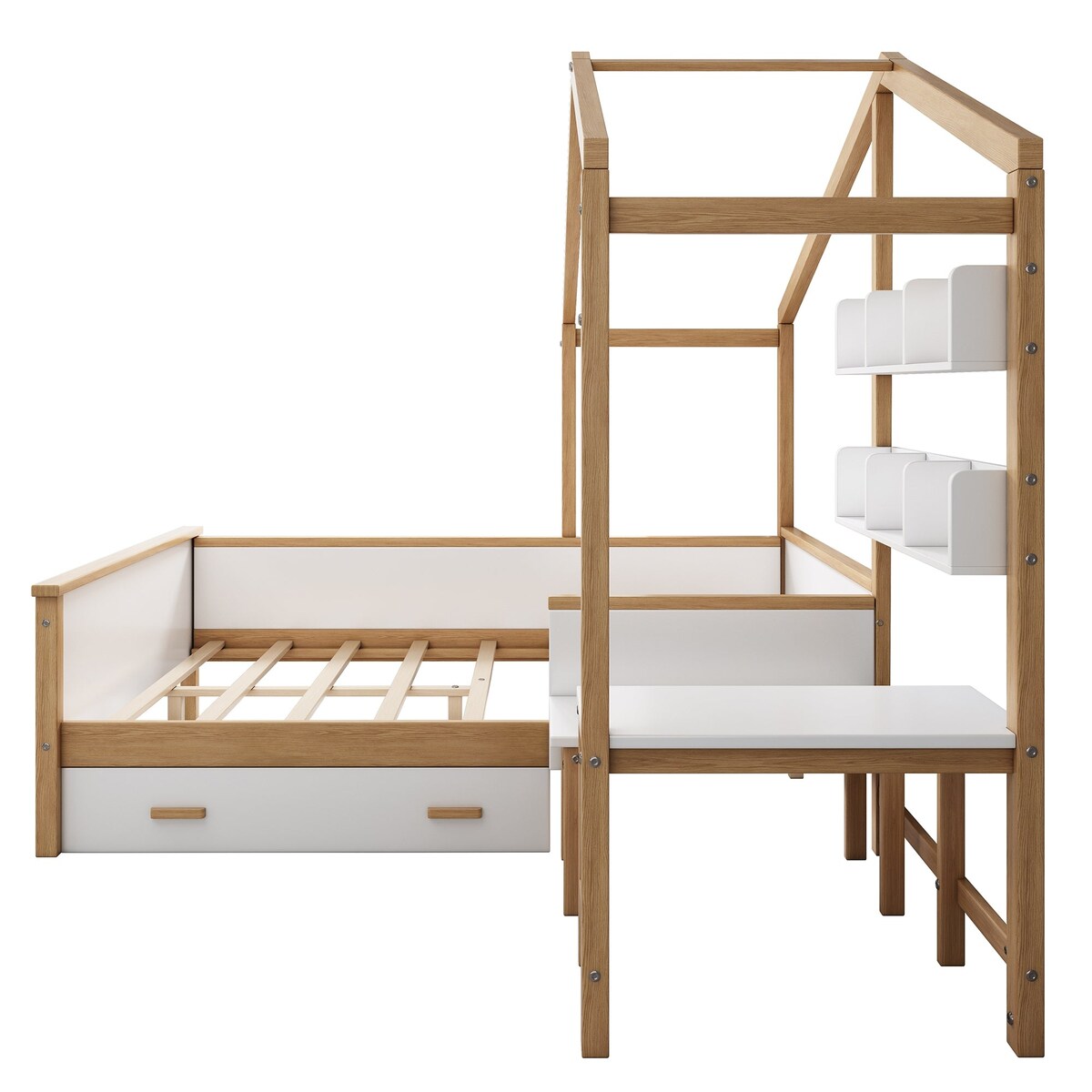 2 Pieces Wood Frame Bedroom Sets with House Bed and Desk and 6-Drawer Chest