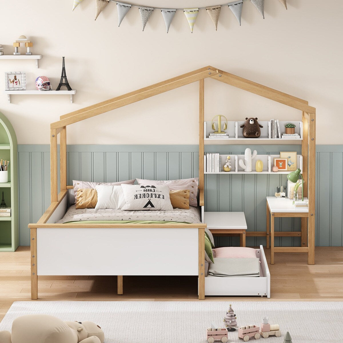 2 Pieces Wood Frame Bedroom Sets with House Bed and Desk and 6-Drawer Chest