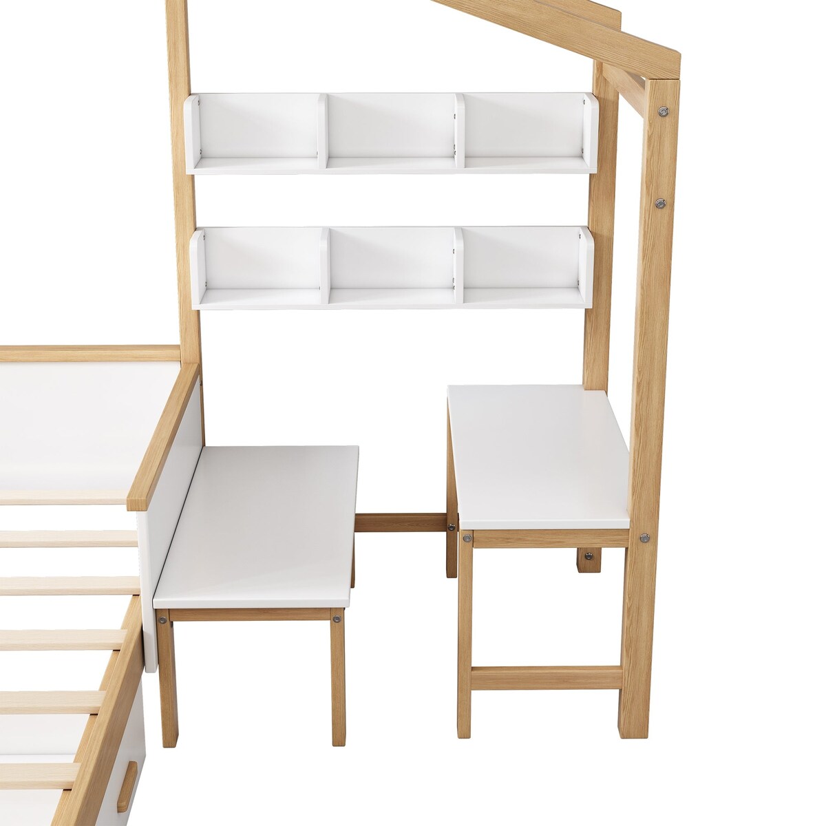 2 Pieces Wood Frame Bedroom Sets with House Bed and Desk and 6-Drawer Chest