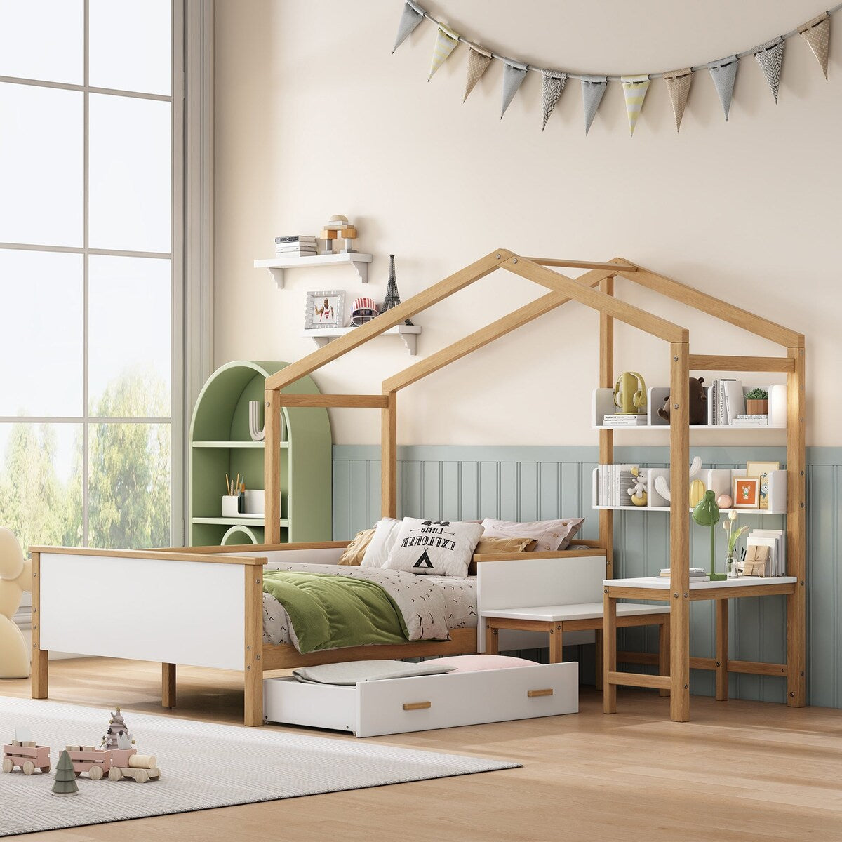 2 Pieces Wood Frame Bedroom Sets with House Bed and Desk and 6-Drawer Chest