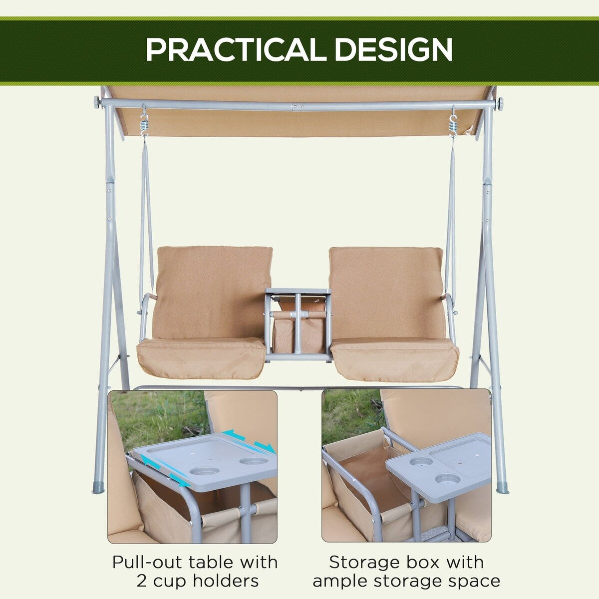 2-Seat Steel Patio Swing with Cushions, Canopy and Pivot Storage Table - 69" x 44" x 65"