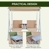 2-Seat Steel Patio Swing with Cushions, Canopy and Pivot Storage Table - 69" x 44" x 65"