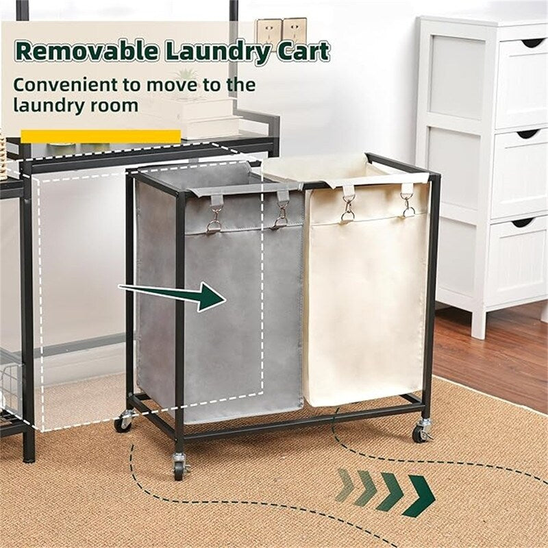 2 Section Laundry Hamper With Shelf, Clothes Rack with Laundry Sorter - 12.6"D x 40.94"W x 70.87"H