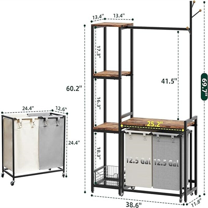 2 Section Laundry Hamper With Shelf, Clothes Rack with Laundry Sorter - 12.6"D x 40.94"W x 70.87"H