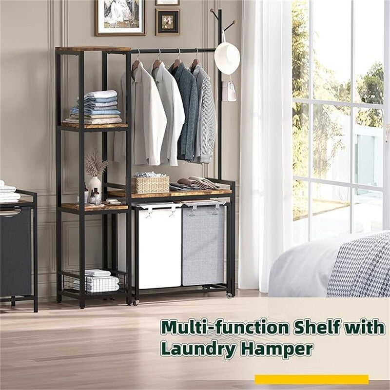 2 Section Laundry Hamper With Shelf, Clothes Rack with Laundry Sorter - 12.6"D x 40.94"W x 70.87"H