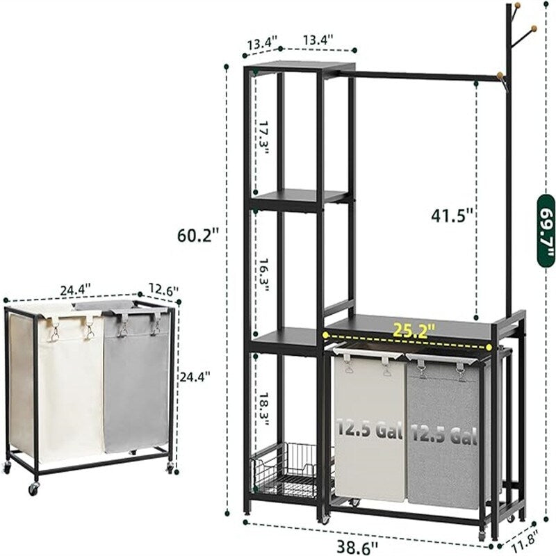2 Section Laundry Hamper With Shelf, Clothes Rack with Laundry Sorter - 12.6"D x 40.94"W x 70.87"H