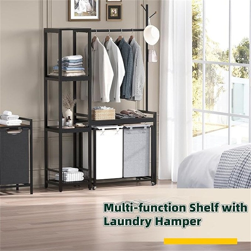 2 Section Laundry Hamper With Shelf, Clothes Rack with Laundry Sorter - 12.6"D x 40.94"W x 70.87"H